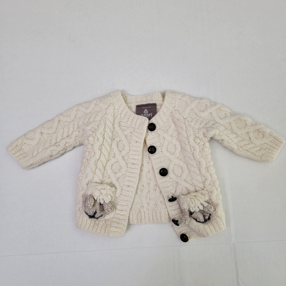 Aran Kids Cream Cable Knit Sweater with Button Details 100% Merino Wool